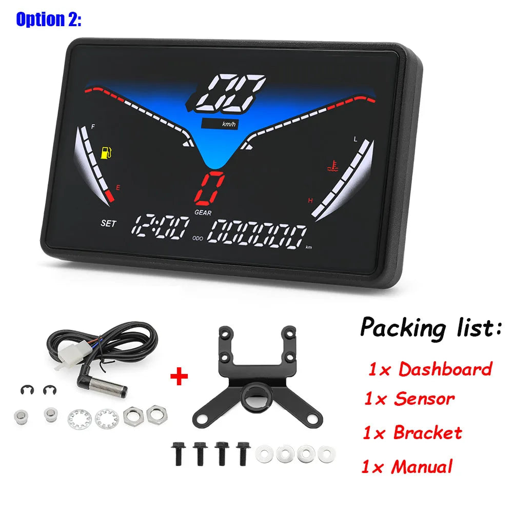 Motorcycle 12V Universal Digital Speedometer LCD RPM Tacho Oil Gauge Water Temp Gear LED Indicator 199km/h with Sensor Bracket X
