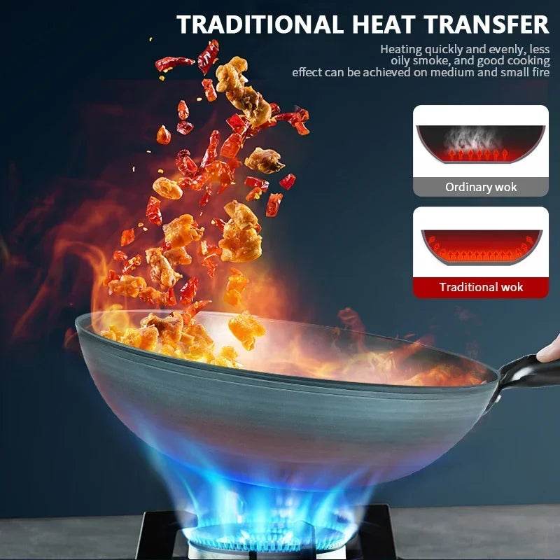 Seasoning Iron Woks,30/32/34cm Wok with Wooden Handle Frying Pan Kitchen Cookware For Electric,Induction Electric and Gas Stoves - P12 Hub Europe