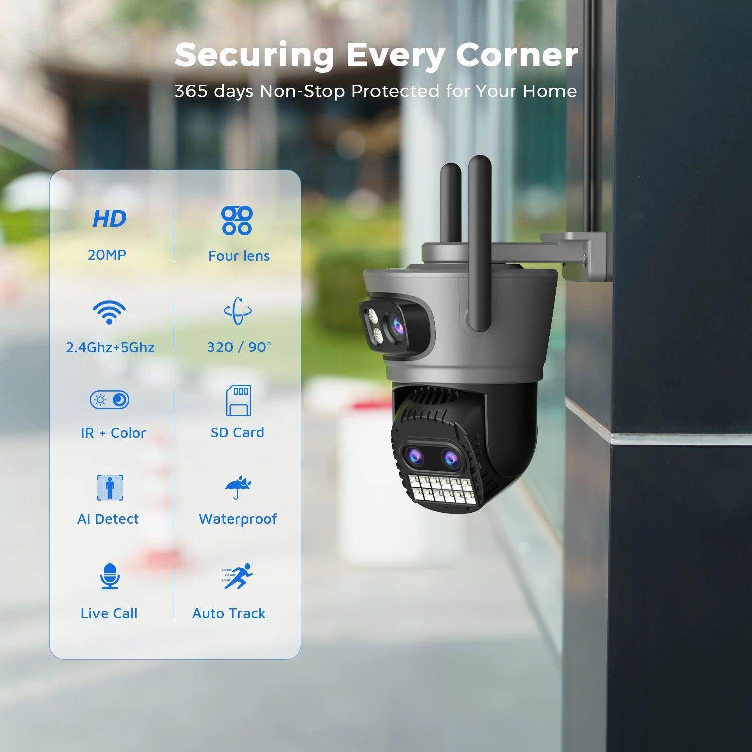 Outdoor Camera 20MP/15MP 4-Lens 10X Zoom, AI Track, Color Night - P12 Hub Europe
