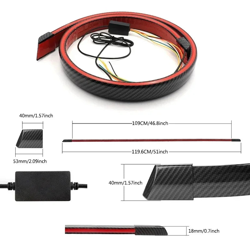 Universal Carbon Fiber Multifunction Trunk Spoilers LED Light Strip 120M Car Exterior Rear Spoiler Turn Signal Brake Lamp