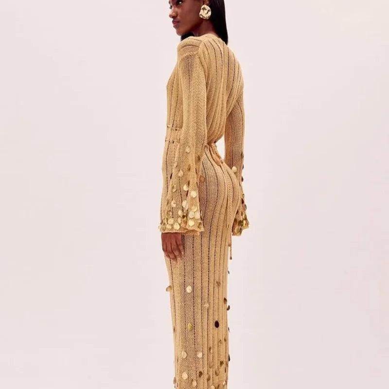 Sequin Knit Maxi Dress Deep Neck Lace Up Sexy - P12 Hub Europe