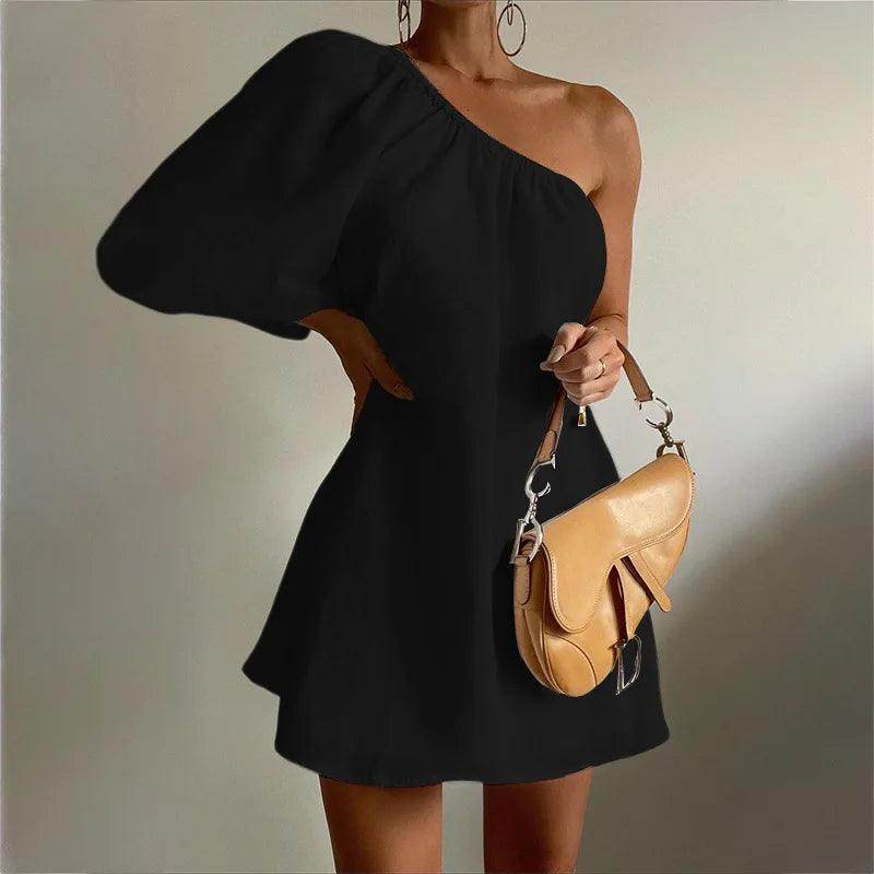 Slim Skew Shoulder Mini Dress Elegant One-Shoulder Party - P12 Hub Europe