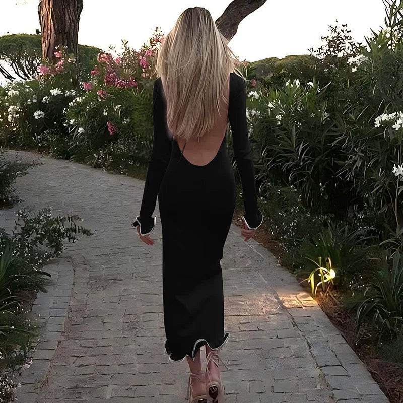 Cryptographic Ruffles Knitted Midi Dress - Elegant Backless - P12 Hub Europe