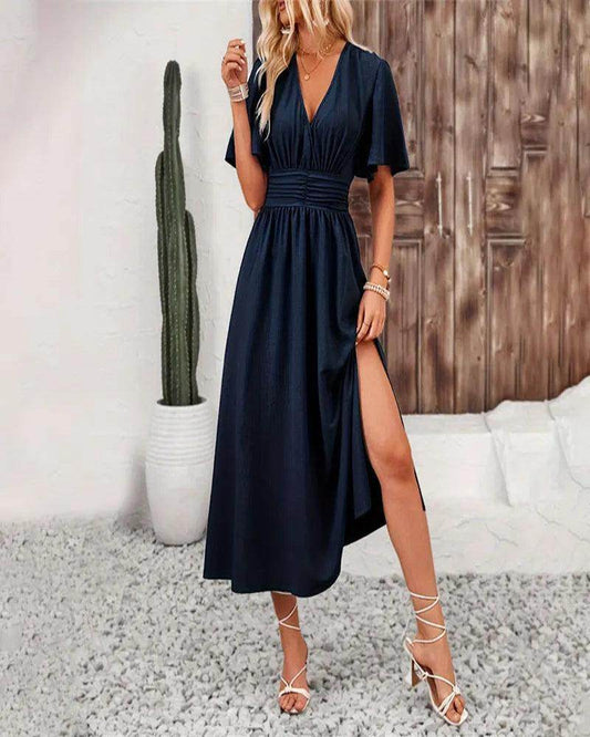 Ruffle Pleated Midi Dress Chic V-Neck Butterfly Sleeve - P12 Hub Europe