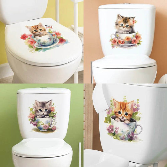 Cute Tea Cup Cat Flower Wall Sticker Toilet Decor Bathroom Mural Room Background Home Decoration Self-adhesive Cupboard Decals - P12 Hub Europe