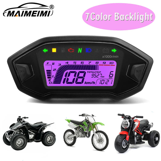 Motorcycle Digital Speedometer Gauge 10000rpm Speedometer 7 Colors Adjust Tachometer for 2-4 Cylinders Cluster Turn Signal Light