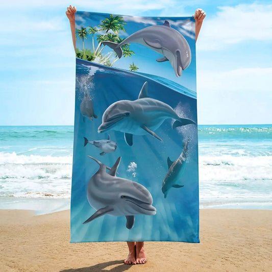 Dolphin Print Microfiber Beach Towel, Soft Absorbent Pool Towel, Sand-proof Swimming Towel, Beach Essentials, Travel Supplies - P12 Hub Europe