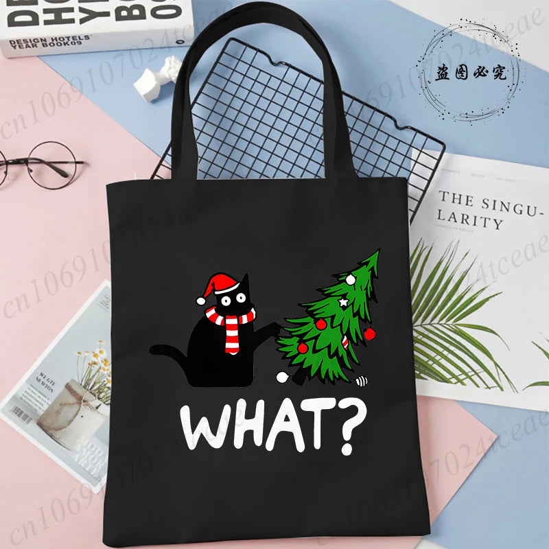 Black Cats Christmas Printed Shopping Bag Cartoon Canvas Tote Bag Eco Bag for Women Black Cats Christmas Reusable Tote Handbags