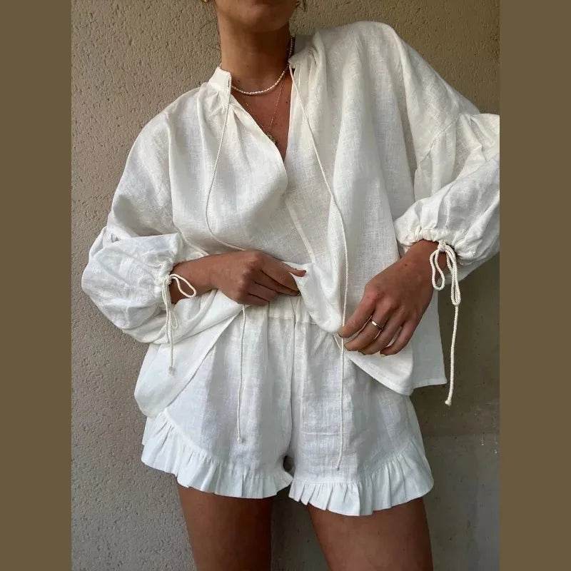 Linen Ruffle Shorts Beach Outfit - P12 Hub Europe