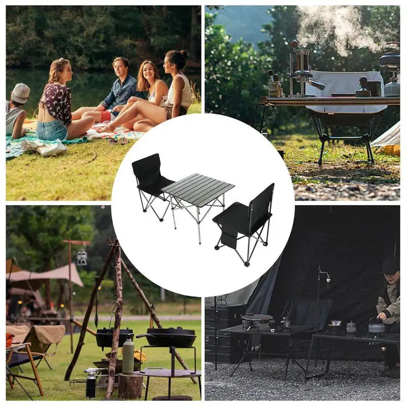 3pcs/set Folding Camping Table Set With 2 Chairs Folding Picnic Table Oxford Fabric Stools Waterproof Egg Roll Table For Camping