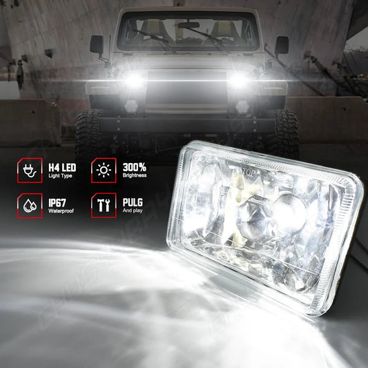 4x6" Square Glass LED Headlight 12-24V 150W Universal Hi/Lo Sealed Beam Fog lamp Assembly 20000LM Super Bright Plug and play
