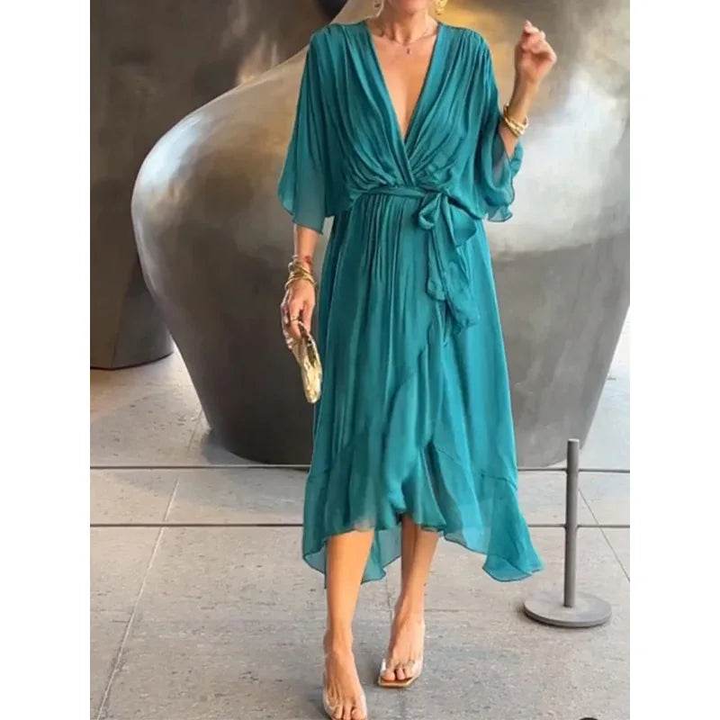 V-Neck Bat Sleeve Dress - Strappy Irregular Summer Style - P12 Hub Europe