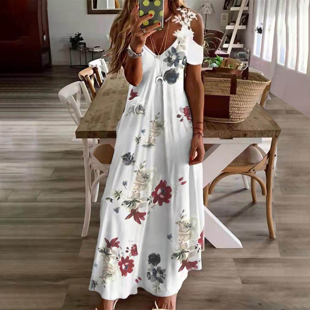 Feather Print Lace Sling Maxi Dress - Loose A-Line Summer Style - P12 Hub Europe