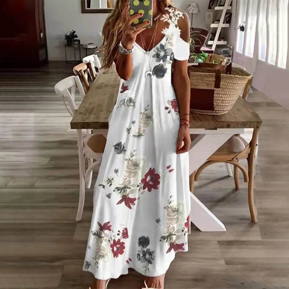 Feather Print Lace Sling Maxi Dress - Loose A-Line Summer Style - P12 Hub Europe