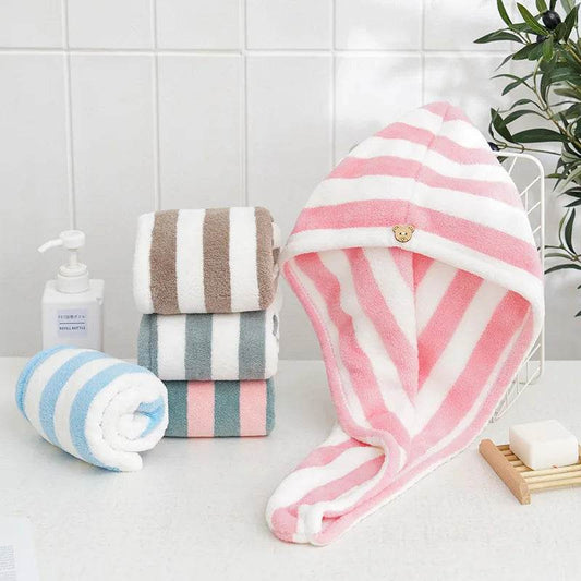 Microfiber Hair Towel Wrap Thickened Coral Velvet Cationic Dry Hair Cap Water Absorption and Quick Drying Striped Bath Cap - P12 Hub Europe