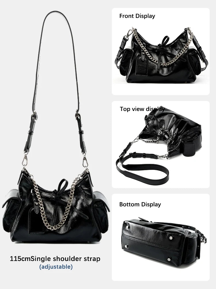 Zency Fashion Sliver Chain Handbag Soft Leather Top-handle Bag For Women Novel String Closure Bag Black Beige Crossbody