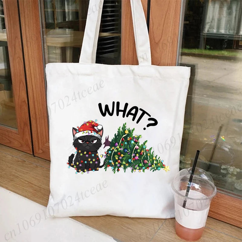 Black Cats Christmas Printed Shopping Bag Cartoon Canvas Tote Bag Eco Bag for Women Black Cats Christmas Reusable Tote Handbags