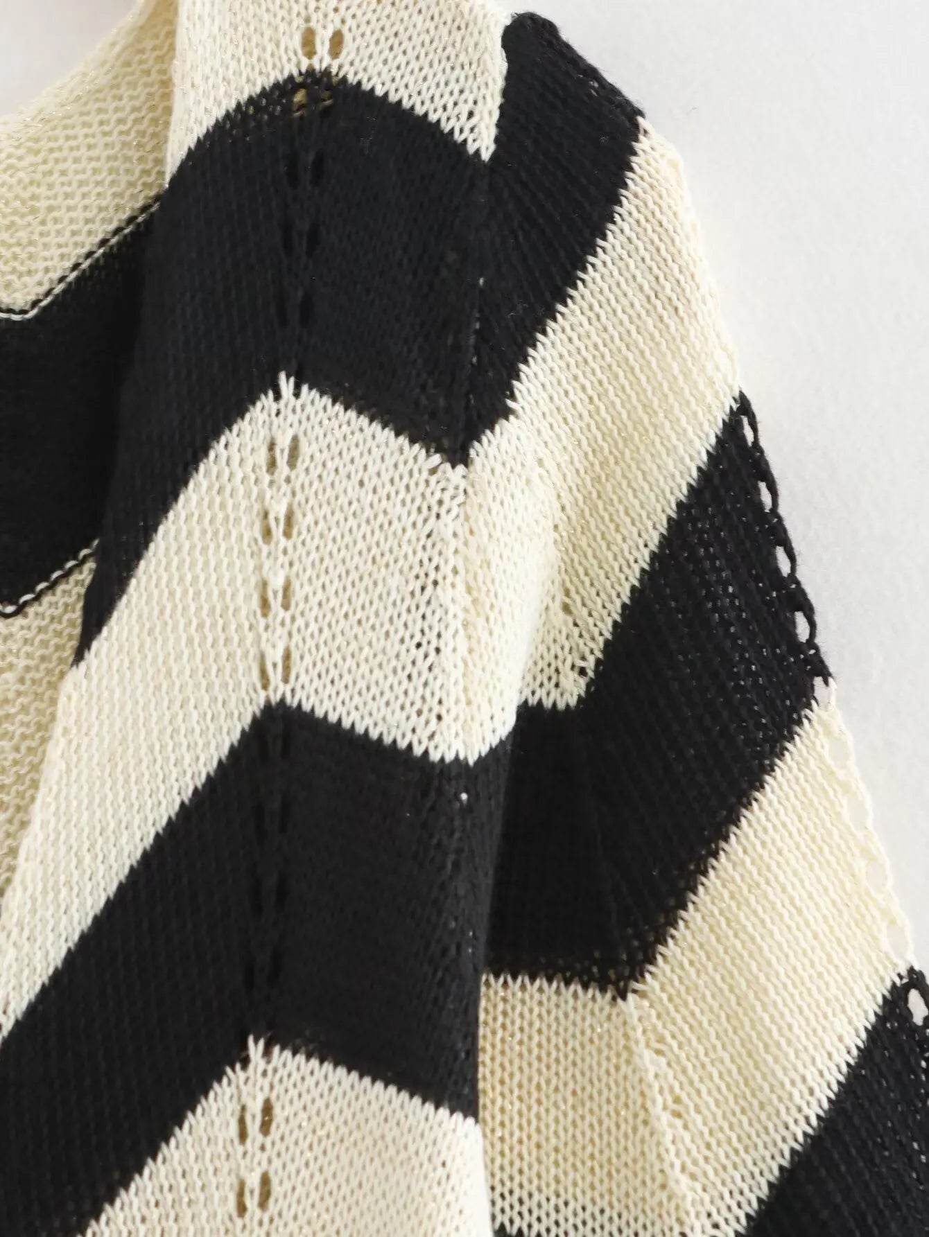 Hollow Out Lace Up Knit Dress - Contrast Stripes V-Neck - P12 Hub Europe