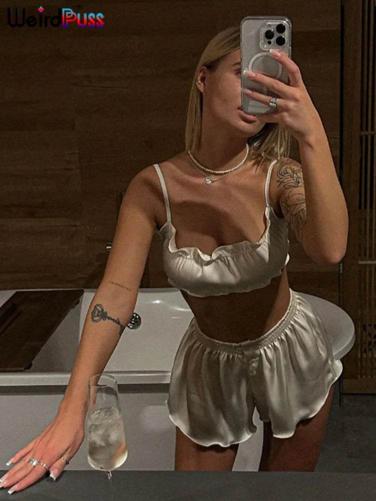 Silky Elegant Ruffle Shorts Set - P12 Hub Europe