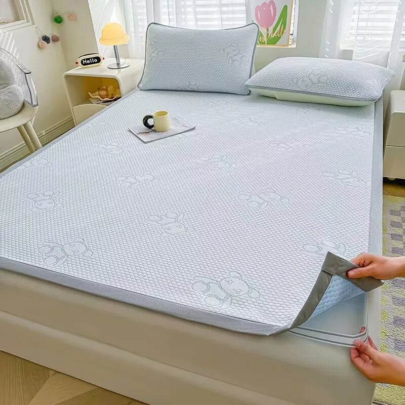 Jacquard Cartoon Bear Cooling Feel Bed Sheet Ice Silk Summer Bedspread Single Queen King Size Elastic Band Fixed Fitted Cover - P12 Hub Europe