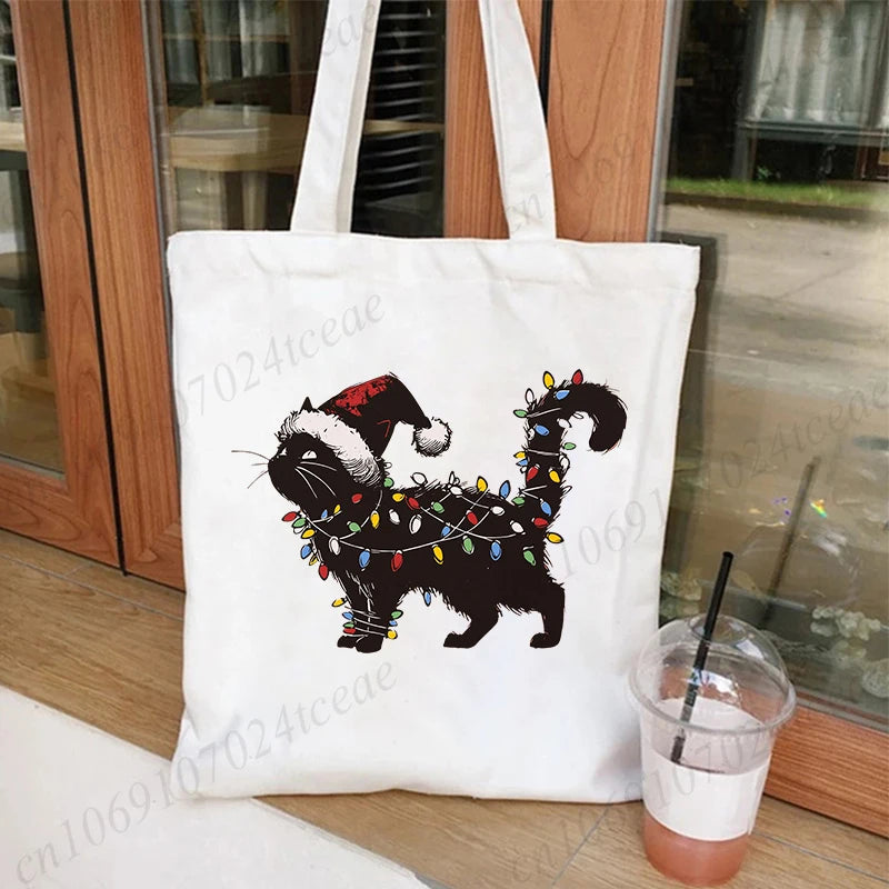 Black Cats Christmas Printed Shopping Bag Cartoon Canvas Tote Bag Eco Bag for Women Black Cats Christmas Reusable Tote Handbags