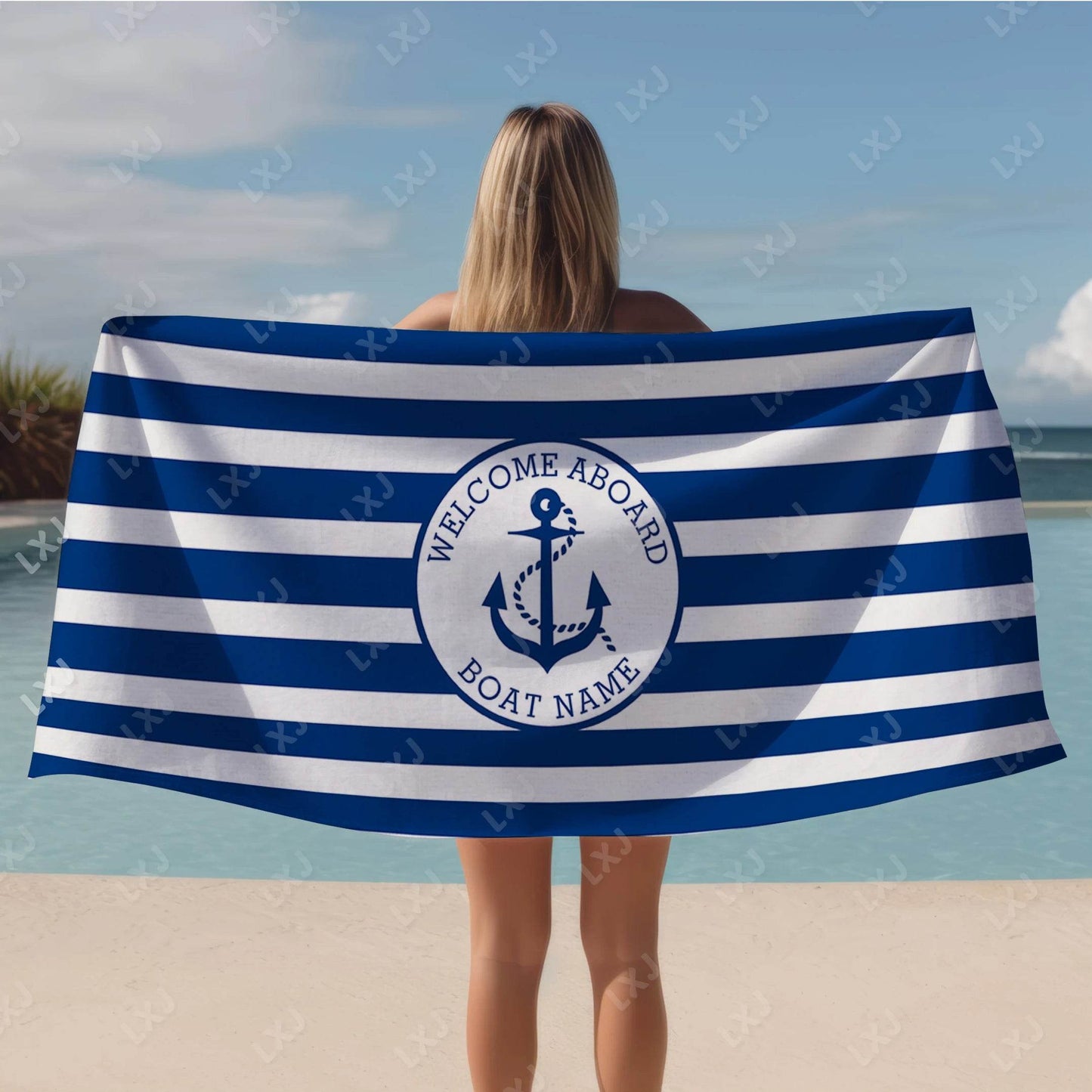 Personalized Custom Boat Name Beach Towel Nautical Striped Bath Towel for Adults Soft Quick Dry Perfect for Travel and Pool - P12 Hub Europe