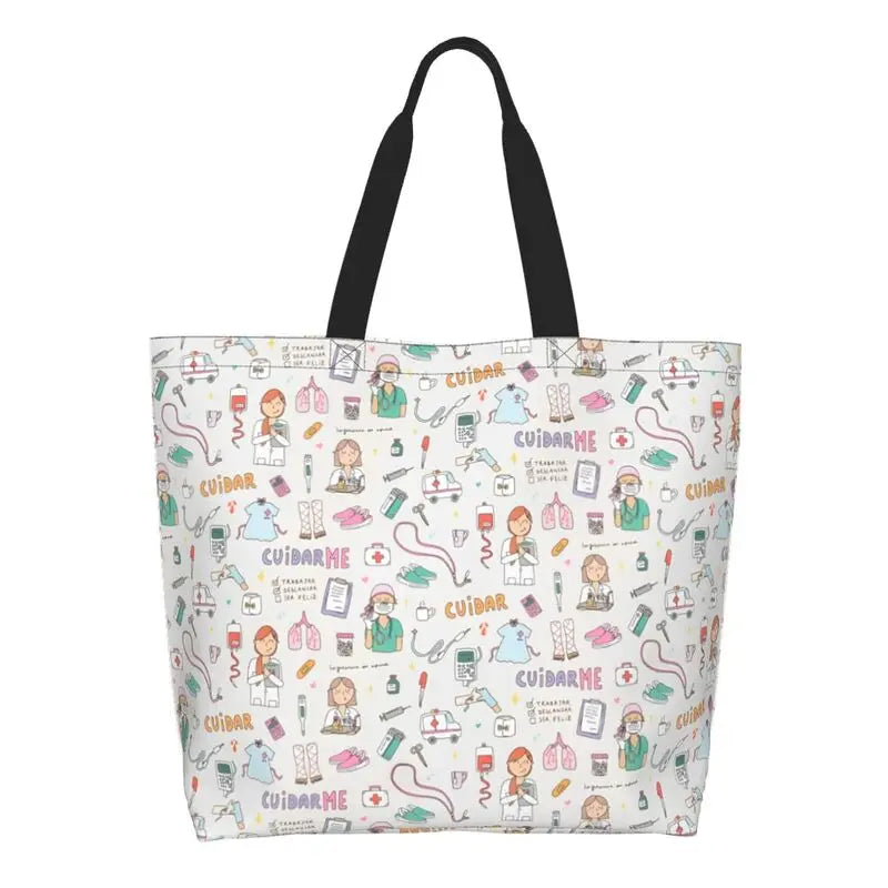 Cartoon Doctor Nurse Enfermera En Apuros Grocery Bags Large Capacity Aesthetic Merch For Woman Street Shoulder Bag
