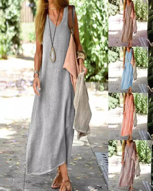 Cotton Linen Solid Midi Dress Fashionable Casual - P12 Hub Europe
