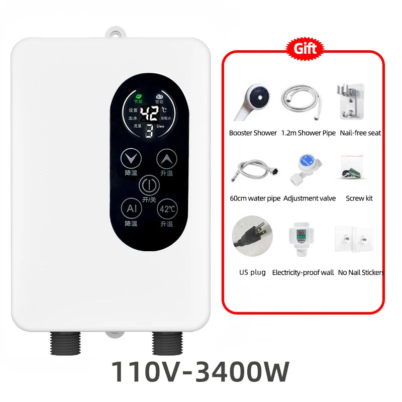 Instant Water Heater Smart Wall Mounted Electric Shower Tankless Fast Heat Water Heater Thermostat Bathroom Kitchen 110V/220V