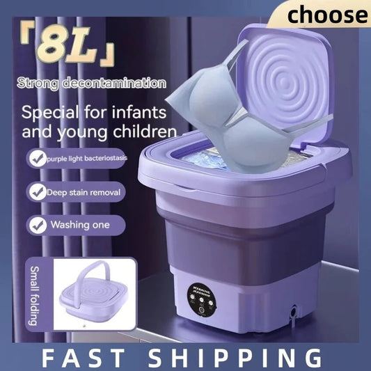 8L Retractable Folding Small Washing Machine with Spin Dryer Portable Small Ultrasonic Travel Washing Machine