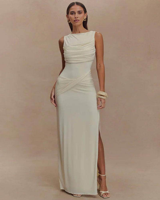 Backless Ruched Sexy Maxi Dress Thigh High Split Elegant - P12 Hub Europe