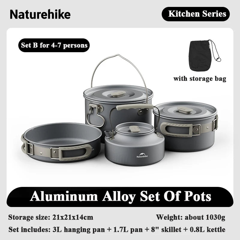 Naturehike Camping Pot Set 4-7 Persons Aluminum Alloy Cookware Pot Set Portable Outdoor Picnic Tableware Camping Cookware Kit