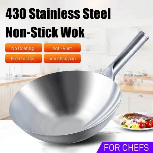 Household frying pan Portable Single handle Uncoated thickened frying pan 34cm Stainless Steel Round bottom No Rust Wok for Gas - P12 Hub Europe