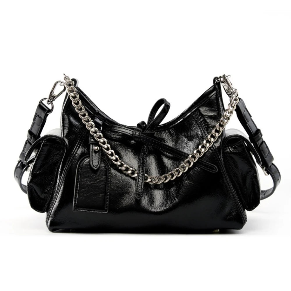 Zency Fashion Sliver Chain Handbag Soft Leather Top-handle Bag For Women Novel String Closure Bag Black Beige Crossbody