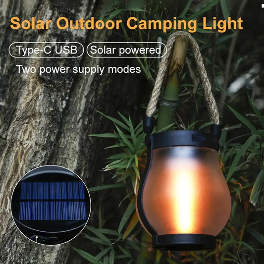 Solar Power Flame Lamp Outdoor Camping Hiking Hanging Handheld Lamp Rechargeable Hemp Rope Courtyard Decoration Lighting Lamp