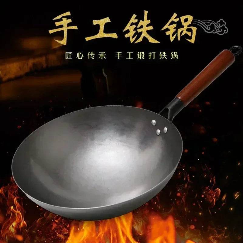 2024 New Chinese Traditional Iron Wok Handmade Large Wok&Wooden Handle Non-stick Wok Gas Cooker Pan Kitchen Cookware Iron Pot - P12 Hub Europe