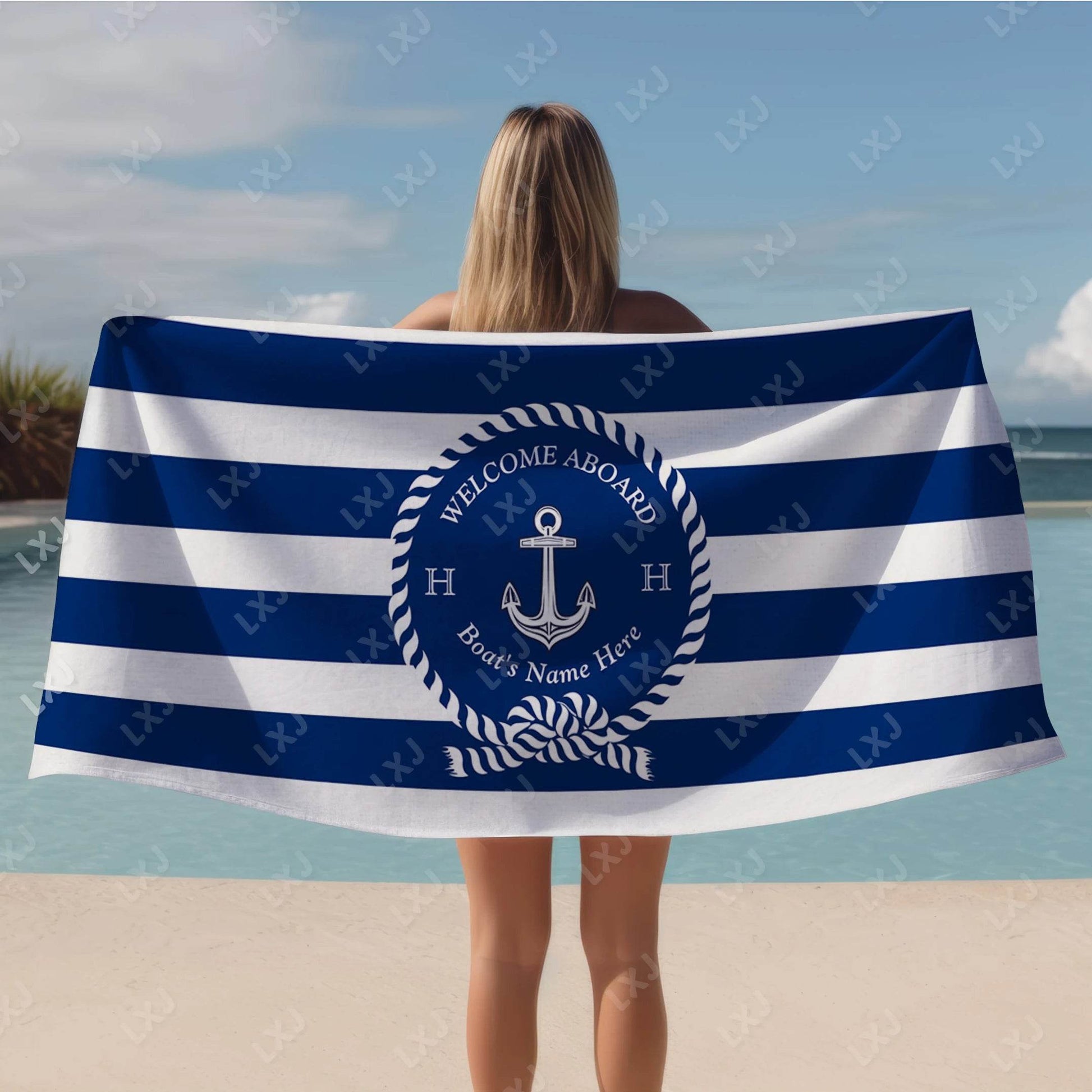 Personalized Custom Boat Name Beach Towel Nautical Striped Bath Towel for Adults Soft Quick Dry Perfect for Travel and Pool - P12 Hub Europe