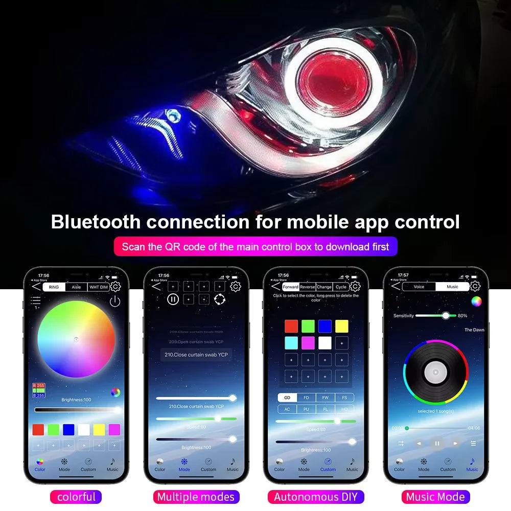 4PCS 12V 24V COB Car Angel Eyes Decoration Light RGB Ambient Headlight With App Control Streamer Driving Lamp For Car Decorative
