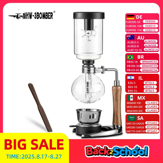 MHW-3BOMBER Siphon Coffee Maker with Wooden Handle,Vacuum Brewer Pot, Japanese Syphon Machine, 1-3Cups Glass Drip Coffee Maker