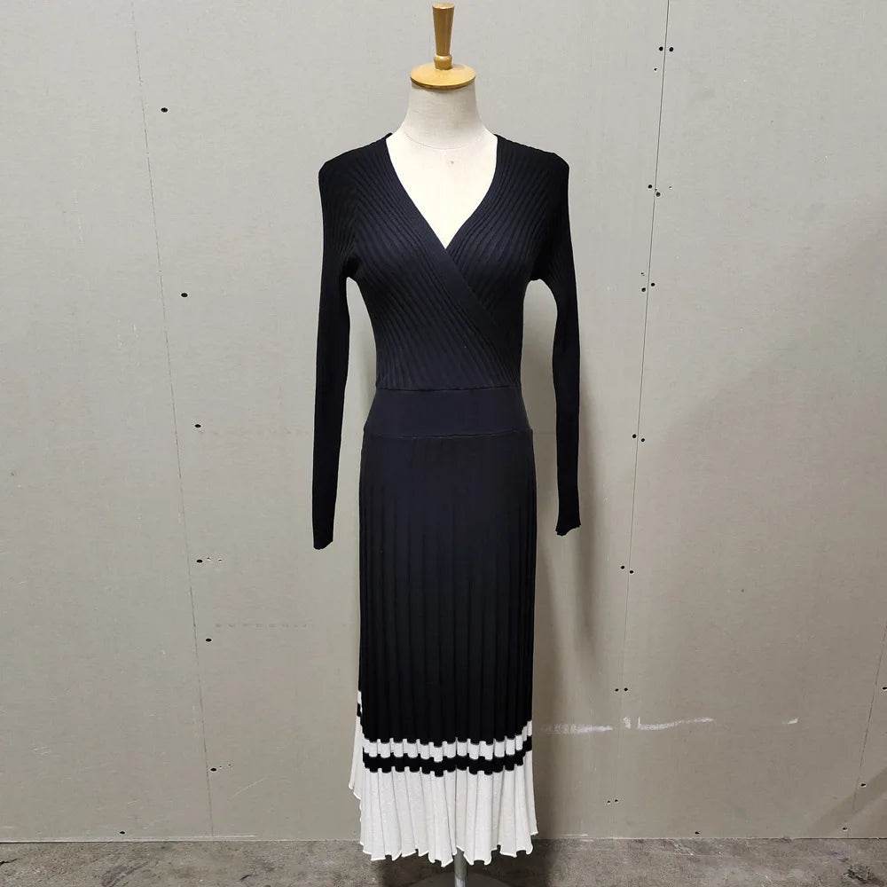 Tossy Ribbed V-Neck Knit Maxi Dress - Elegant Patchwork - P12 Hub Europe