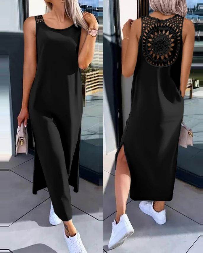 Casual Hollow-Out Slit Midi Dress Sleeveless Round Neck - P12 Hub Europe