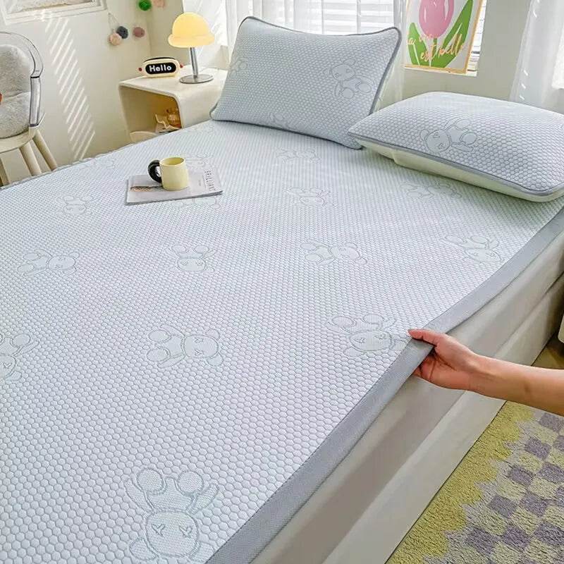 Jacquard Cartoon Bear Cooling Feel Bed Sheet Ice Silk Summer Bedspread Single Queen King Size Elastic Band Fixed Fitted Cover - P12 Hub Europe