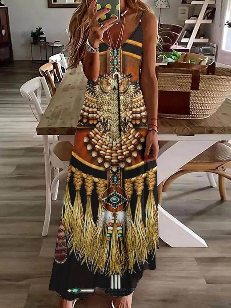 3D Owl Print Boho Maxi Dress Sleeveless Tribal - P12 Hub Europe