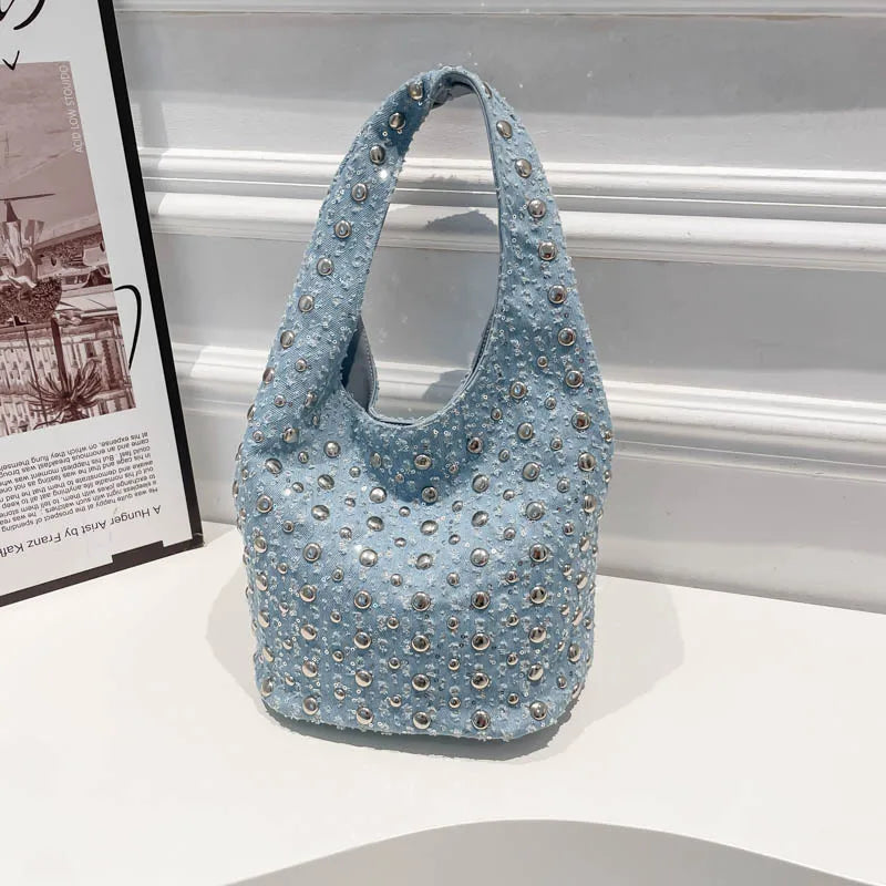Denim Sequin Rivet Underarm Shoulder Bag,Vintage Metal Stud Motorcycle Style Handbag,Designer Blue Chic Women Bucket Tote Bags