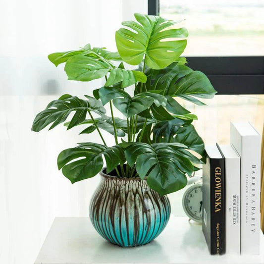 43cm 12 Forks Artificial Monstera Tree Green Fake Plants Plastic Evergreen Leaves Tropical Faux Palm Leaf For Home Garden Decor - P12 Hub Europe