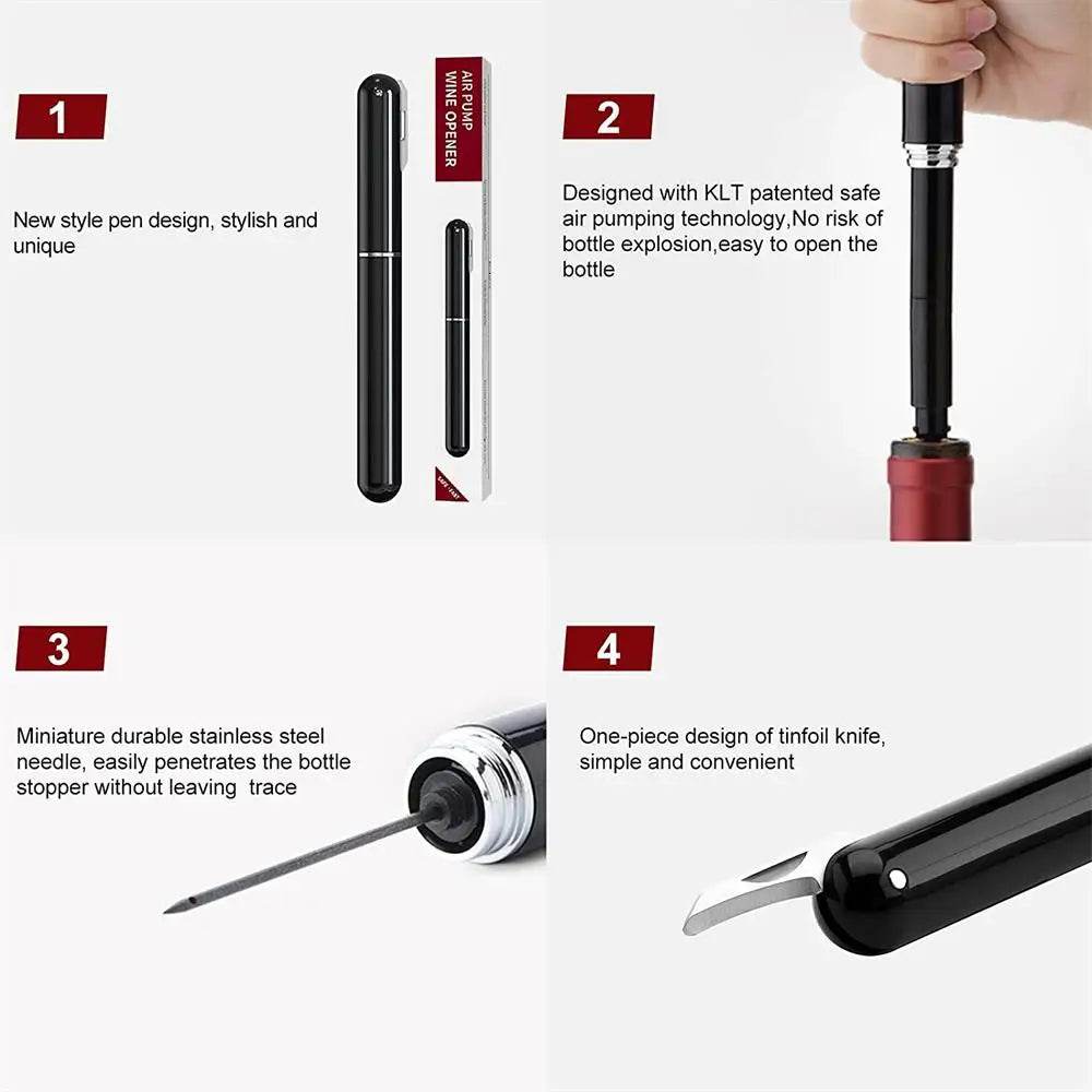 1Pc Black Stainless Steel Wine Air Pressure Corkscrew Cork Remover Air Pump Wine Bottle Opener Safety Portable Wine Corkscrew - P12 Hub Europe
