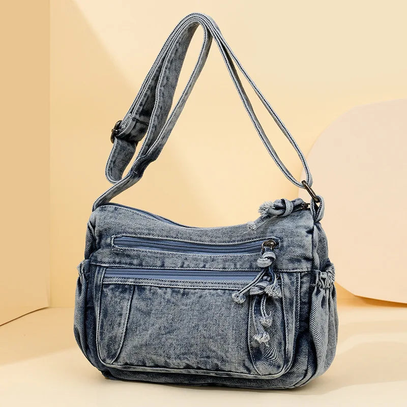 Women Retro Travel Sling Shoulder Bag Casual Washed Denim Commuting Crossbody Bag Female Shopping Tote Handbags Large Day Pack