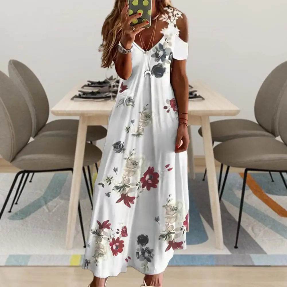 Feather Print Lace Sling Maxi Dress - Loose A-Line Summer Style - P12 Hub Europe