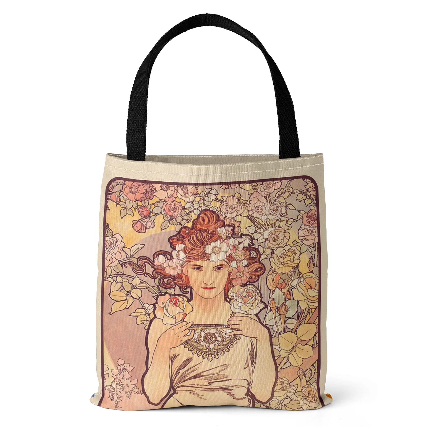 Mucha Series Digital Printed Canvas Bag Open Tote Bag Handbag Retro Canvas Shopping Bag