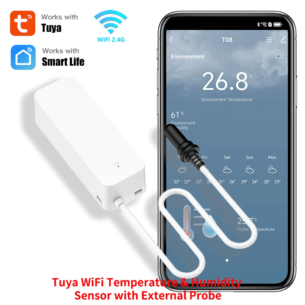 Sensor Temp/Humidity Tuya WiFi | External Probe, Smart Life, Alexa, Google - P12 Hub Europe
